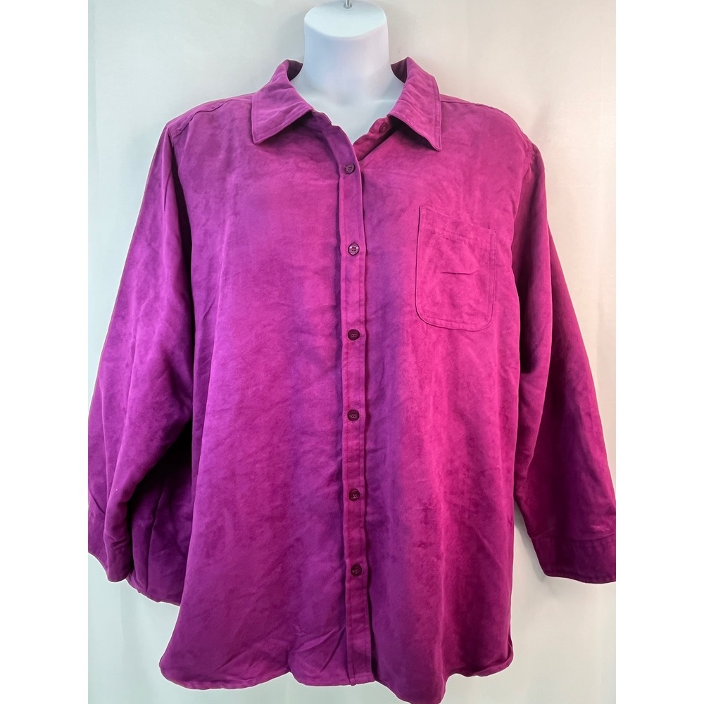 Woman Within Faux Suede Button‎ Up Shirt Plus Size 3X Magenta Long Sleeve Casual